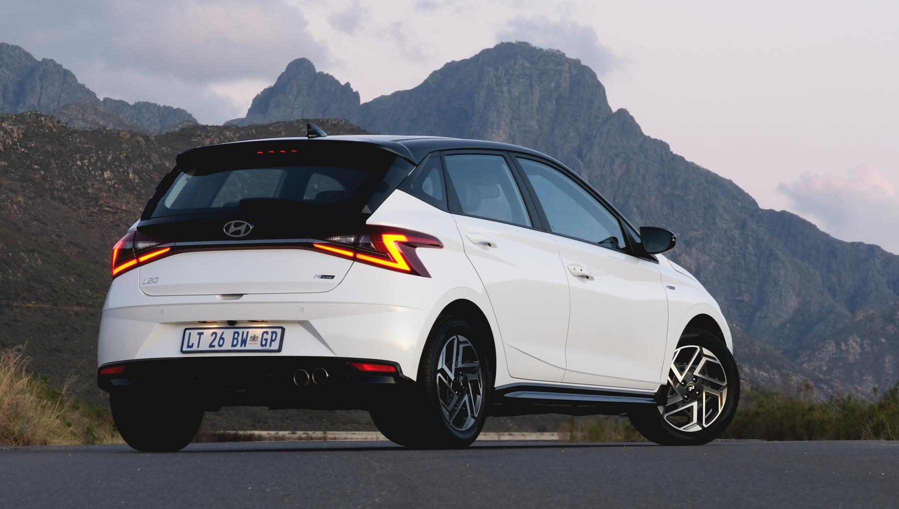 Hyundai i20 rear view with mountain background