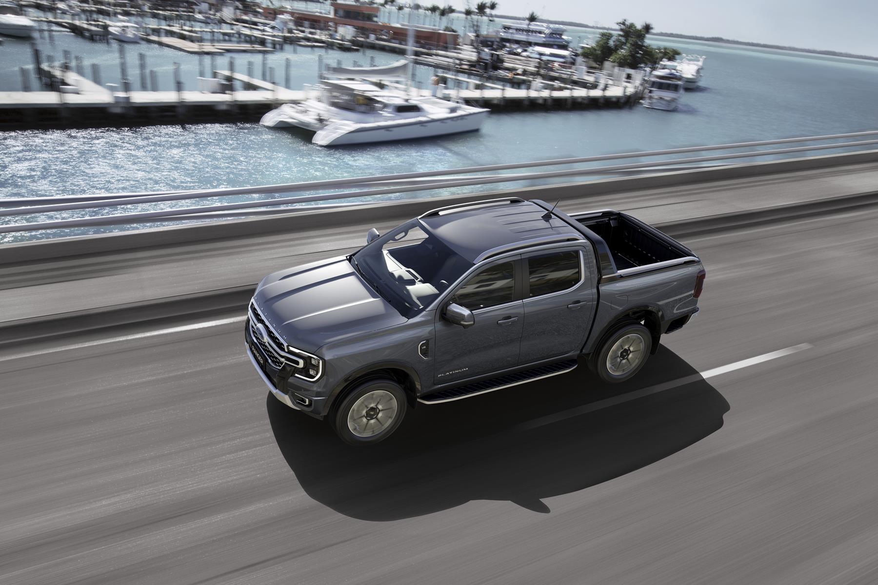 Ford Ranger Platinum driving next to a harbour