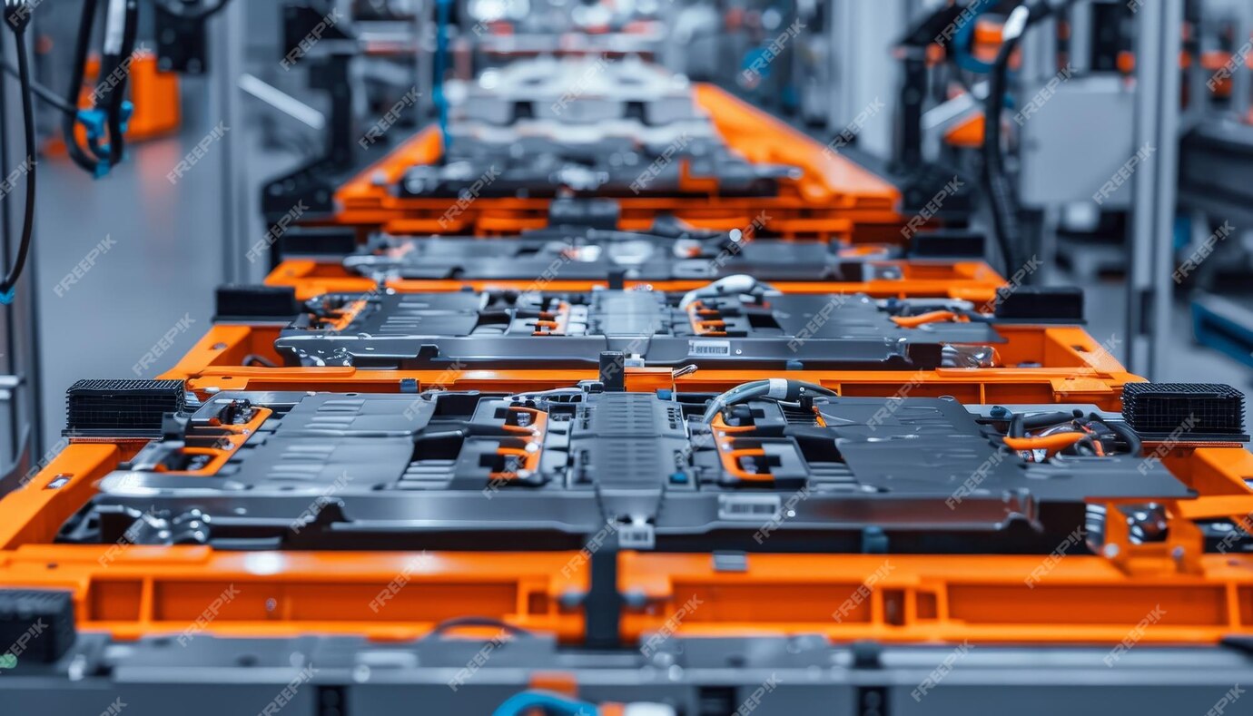 Close up of electric vehicle battery manufacturing line