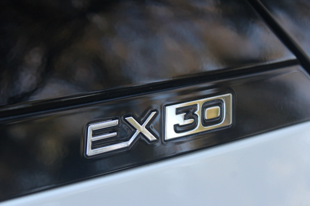 These EX30 badges are discreetly integrated into the rearmost roof pillars.