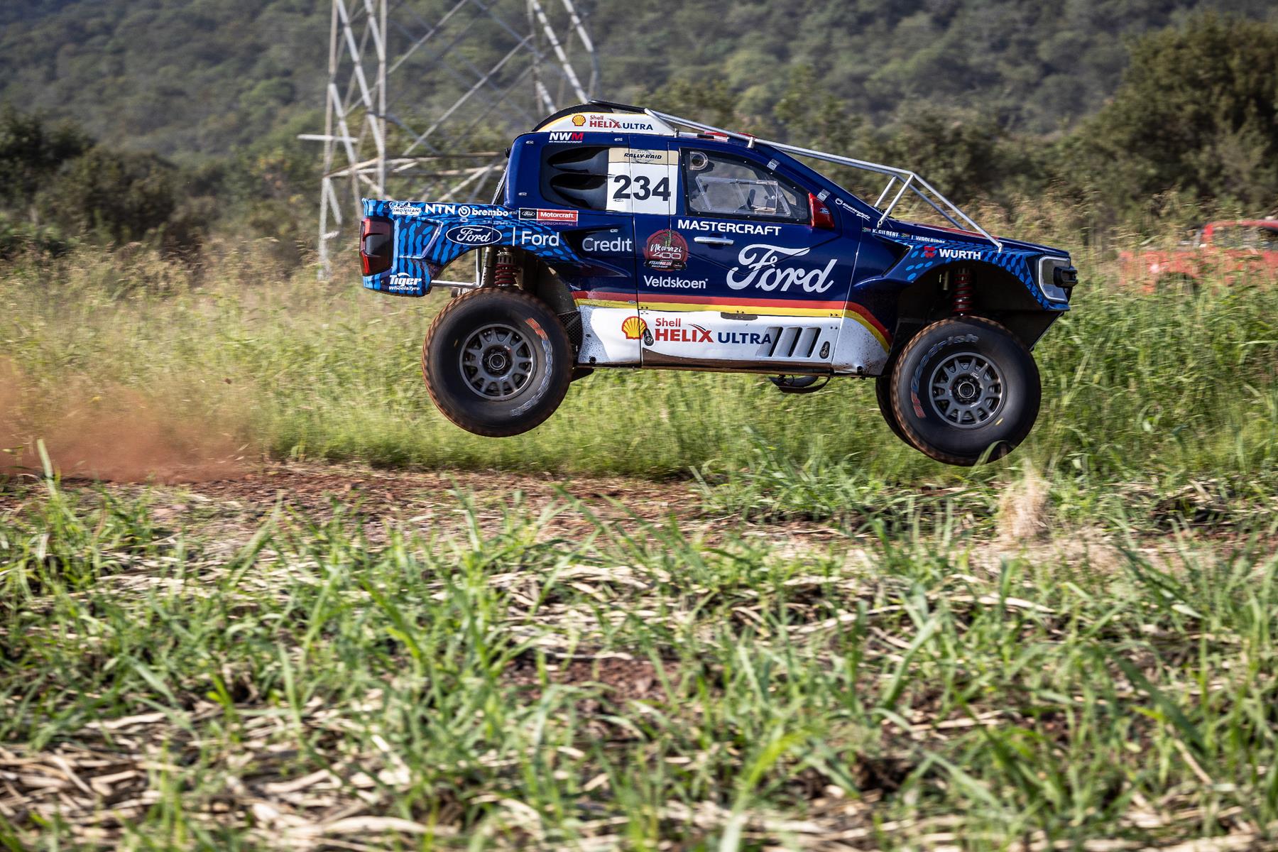 The Ford Ranger Ultimate flying through the air in the Nkomazi 400